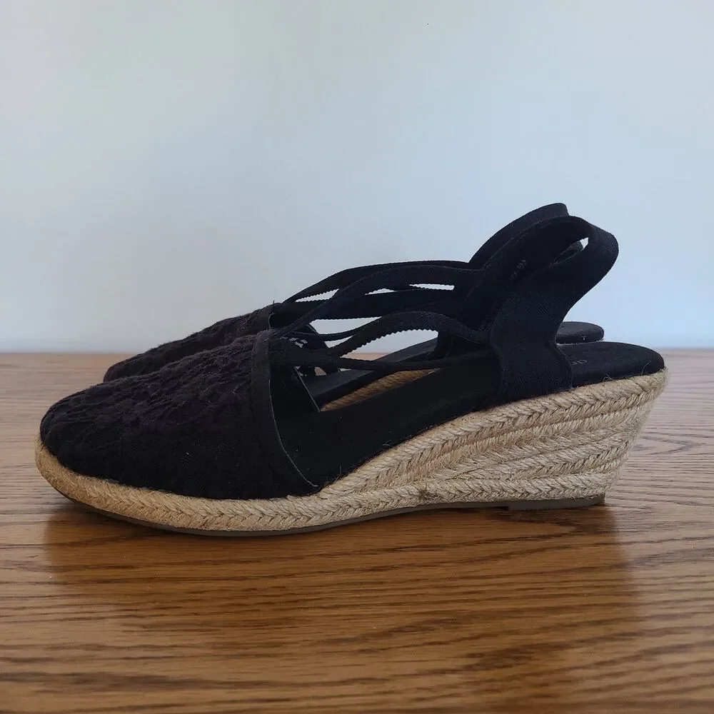 Dressbarn Taylor Black Lace Jute Heel Espadrille Wedge Sandals Size 8
